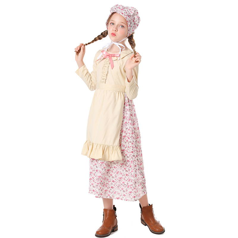 Kids Wolf Grandma Cosplay Costumes Floral Print Dress for Stage Drama Party